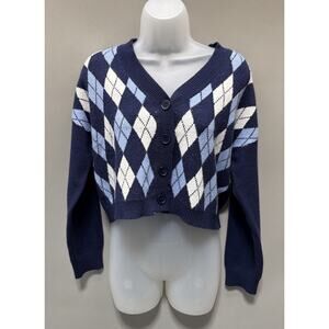 Witty Fox Blue & White Argyle V-Neck Buttoned Crop Cardigan Size Small
